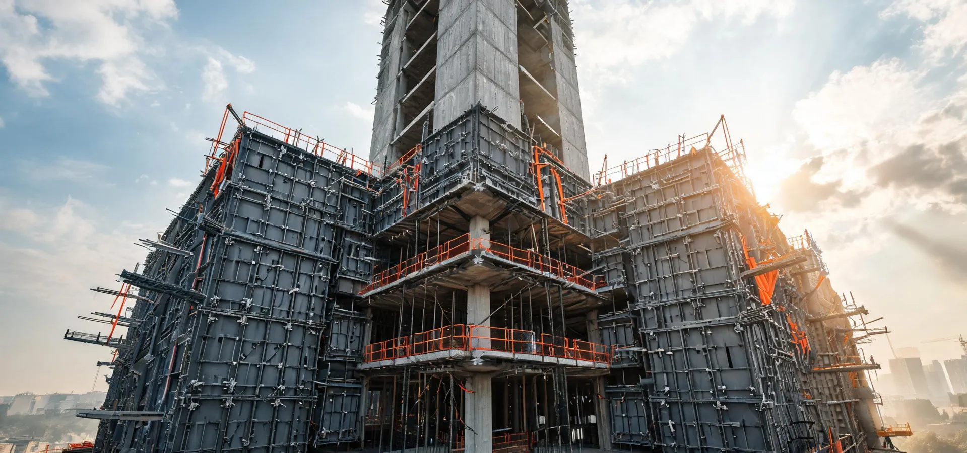 MEVA wall formwork panels aligned on a high-rise concrete pour